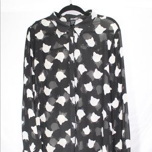 Cat print sheer button up